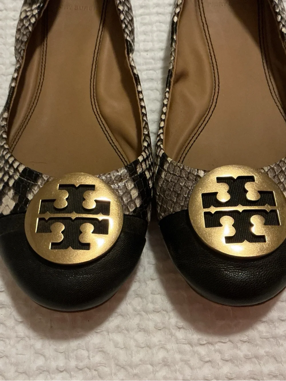 Tory Burch Chelsea / Minnie Cap-Toe Ballet Flats in a snake-print pattern